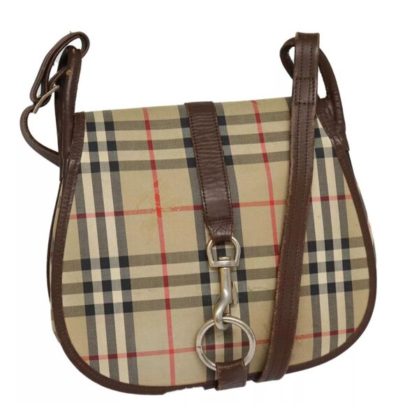 Burberrys Nova Check Shoulder Bag Canvas Leather Beige Brown Auth - Picture 1 of 16